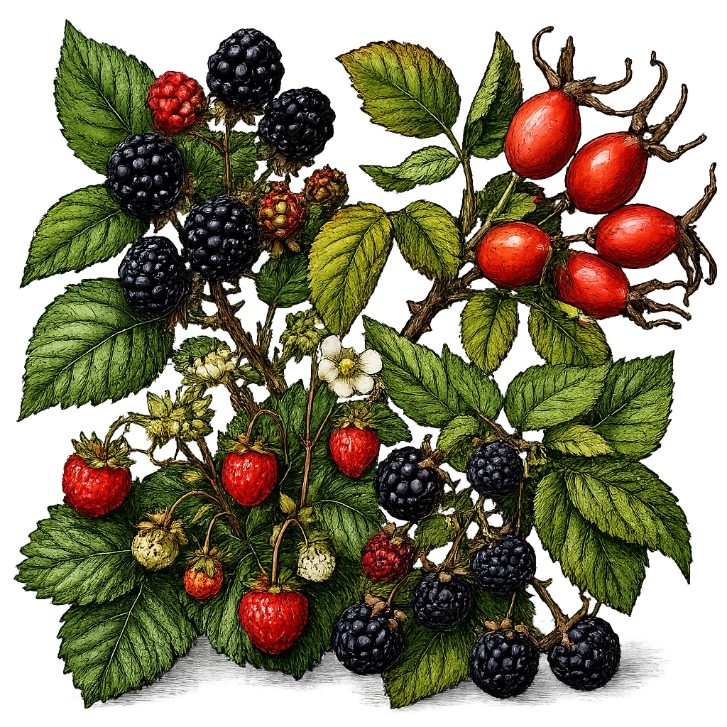 Autumn Gin botanicals, engraved illustration