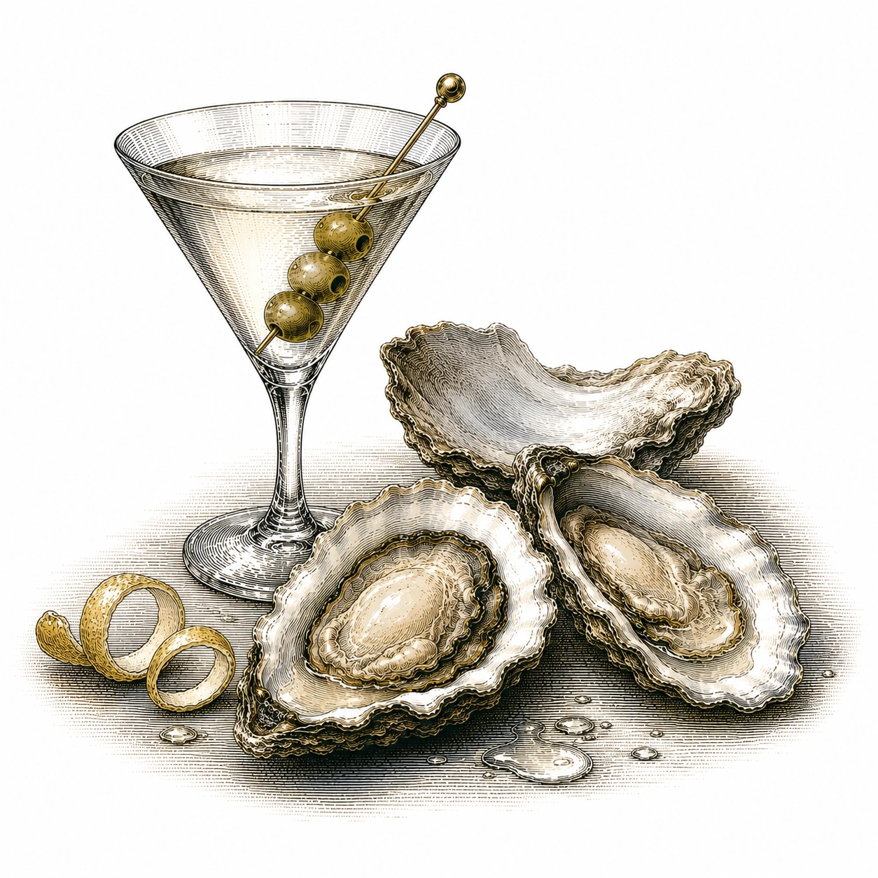 Ocean Gin botanicals, engraved illustration