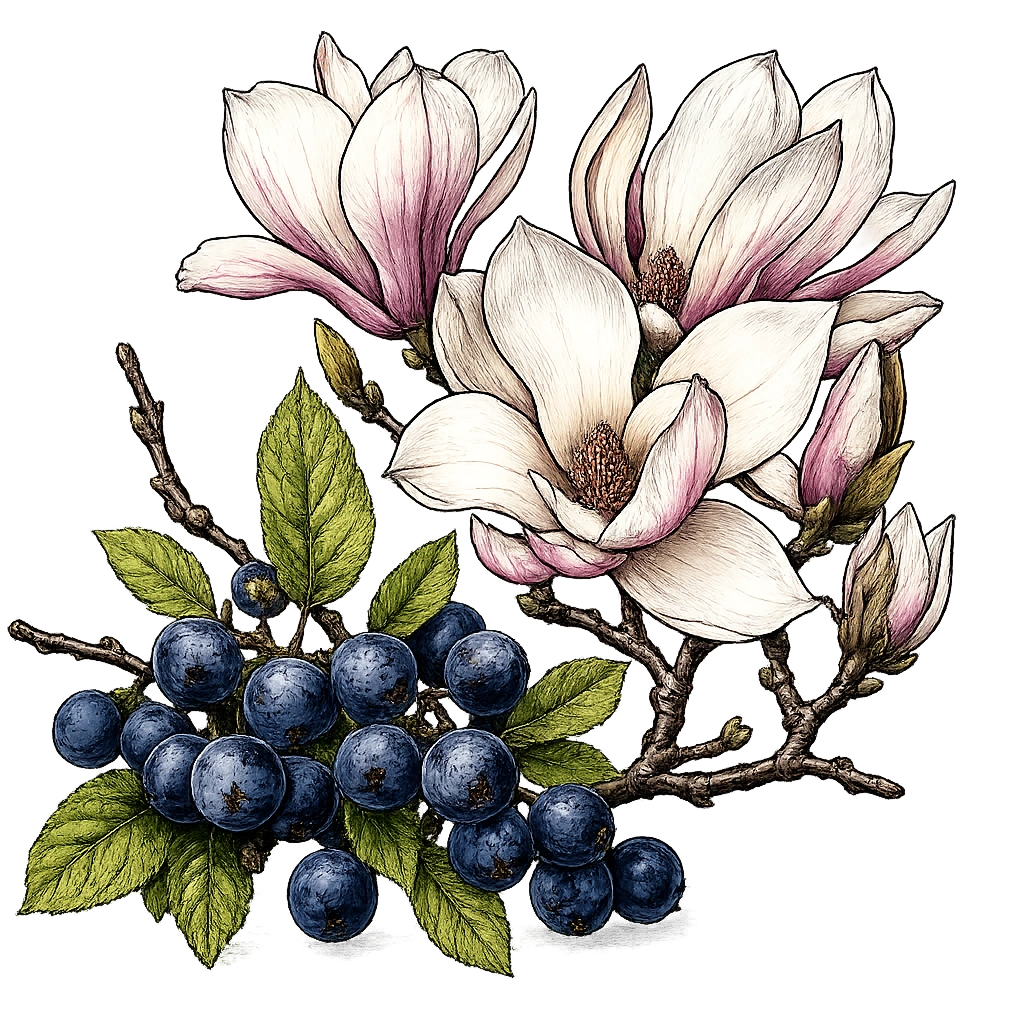 Spring Gin botanicals, engraved illustration
