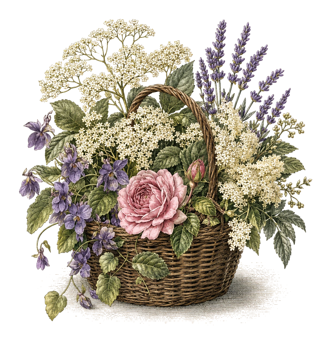 Summer Gin botanicals, engraved illustration