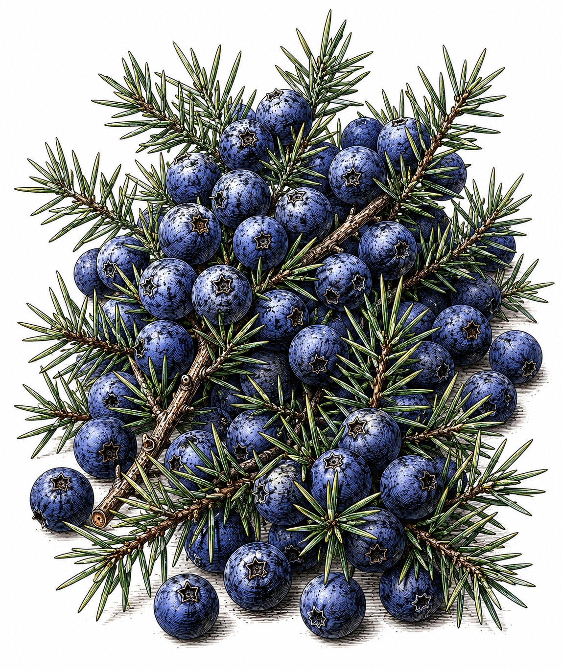 Winter Gin botanicals, engraved illustration